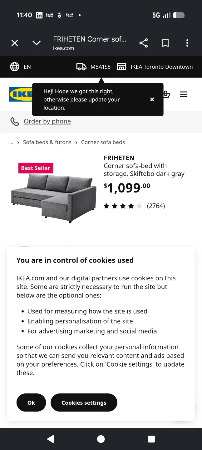 Ikea frighten corner sofa bed