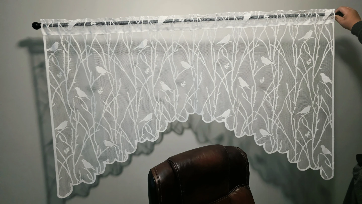 White Lace Valance with Birds and Branches Design