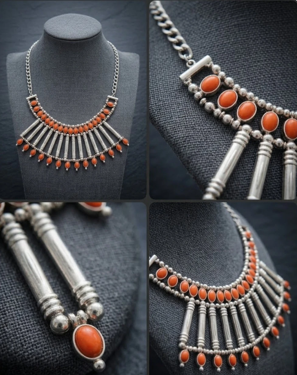Silver-Tone Statement Necklace with Red-Colored Stones - photo 3