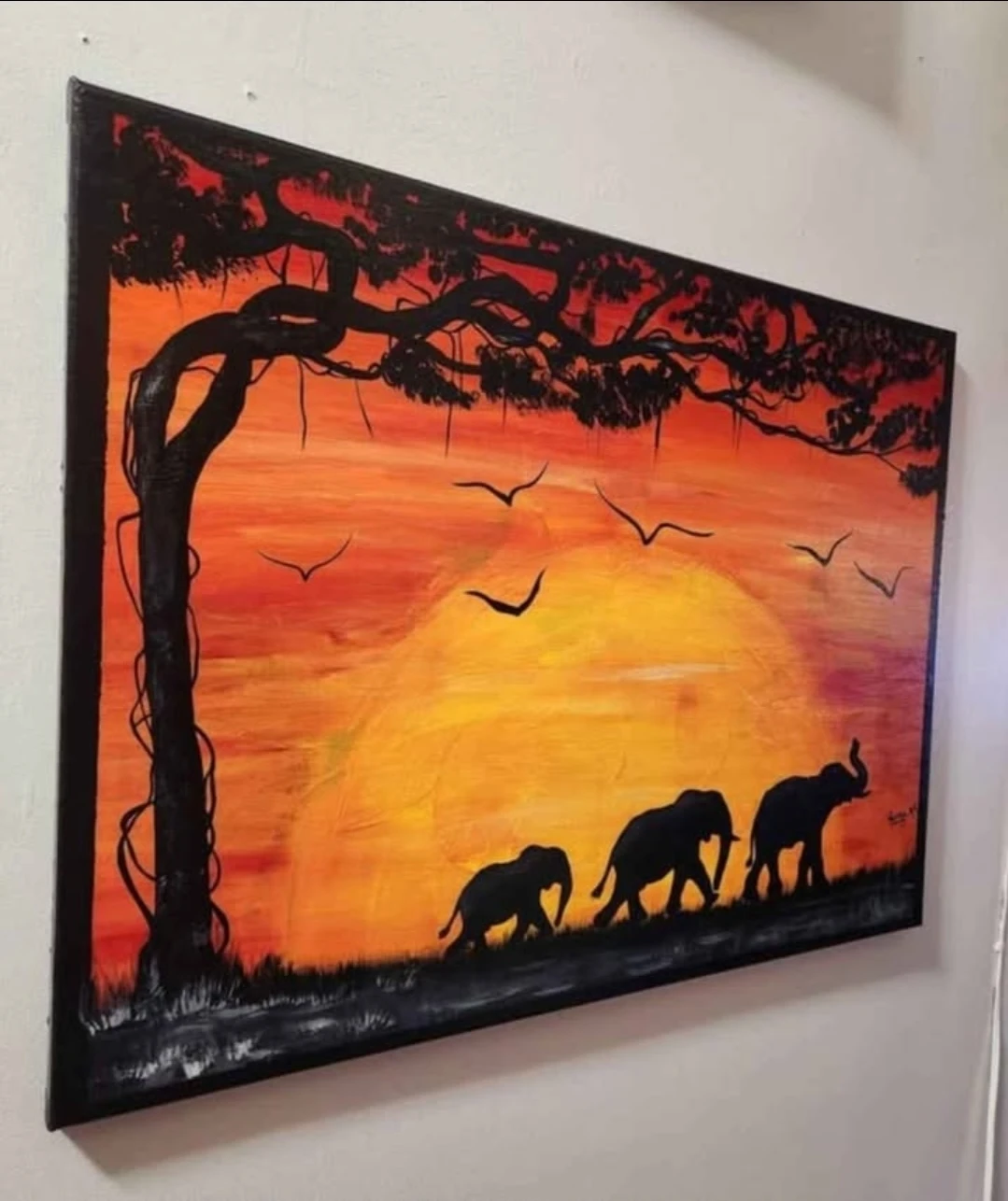 Handpainted African Sunset Elephant Scene 18in x 24in - photo 3