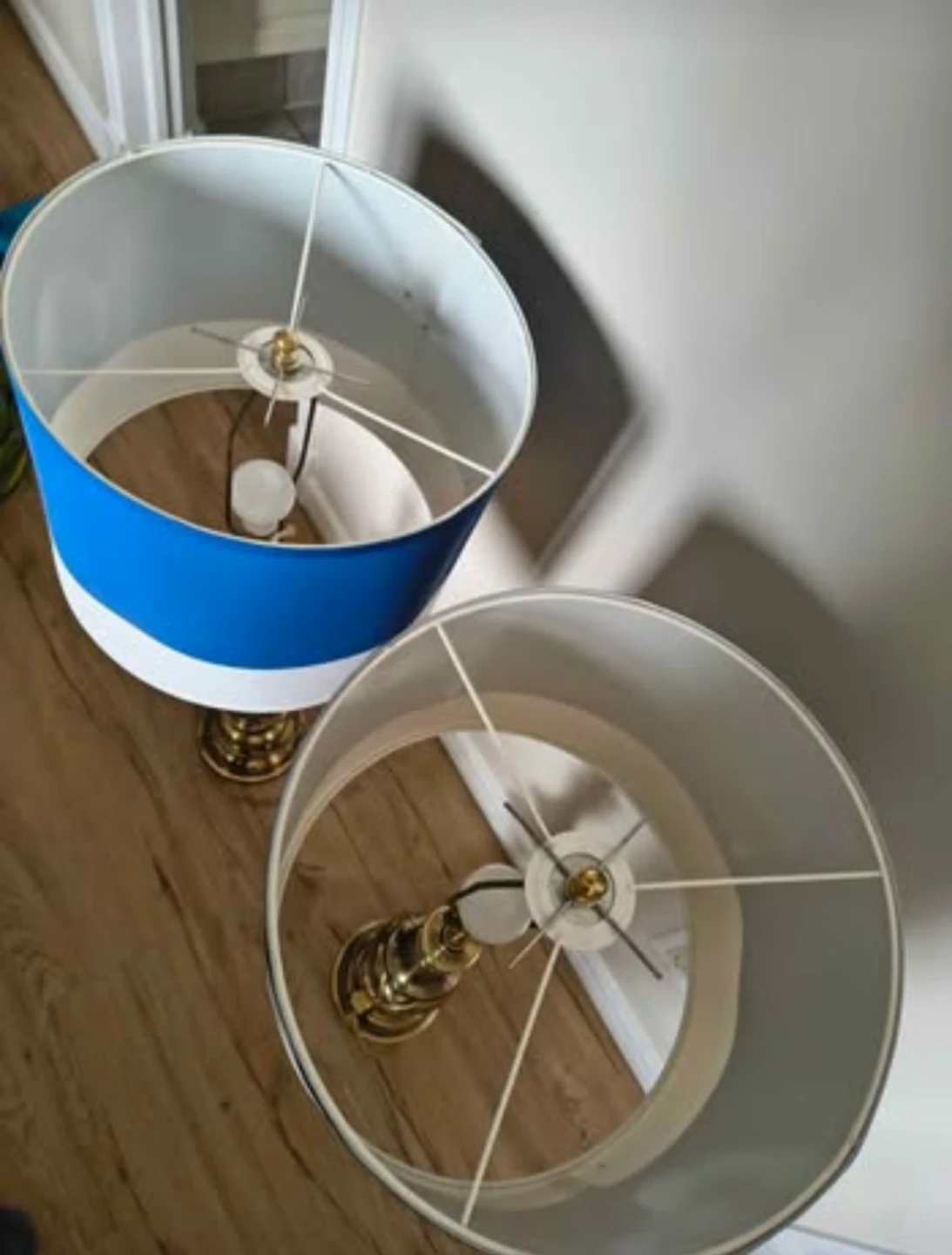 Pair of Brass Table Lamps with Blue and White Shades - photo 3