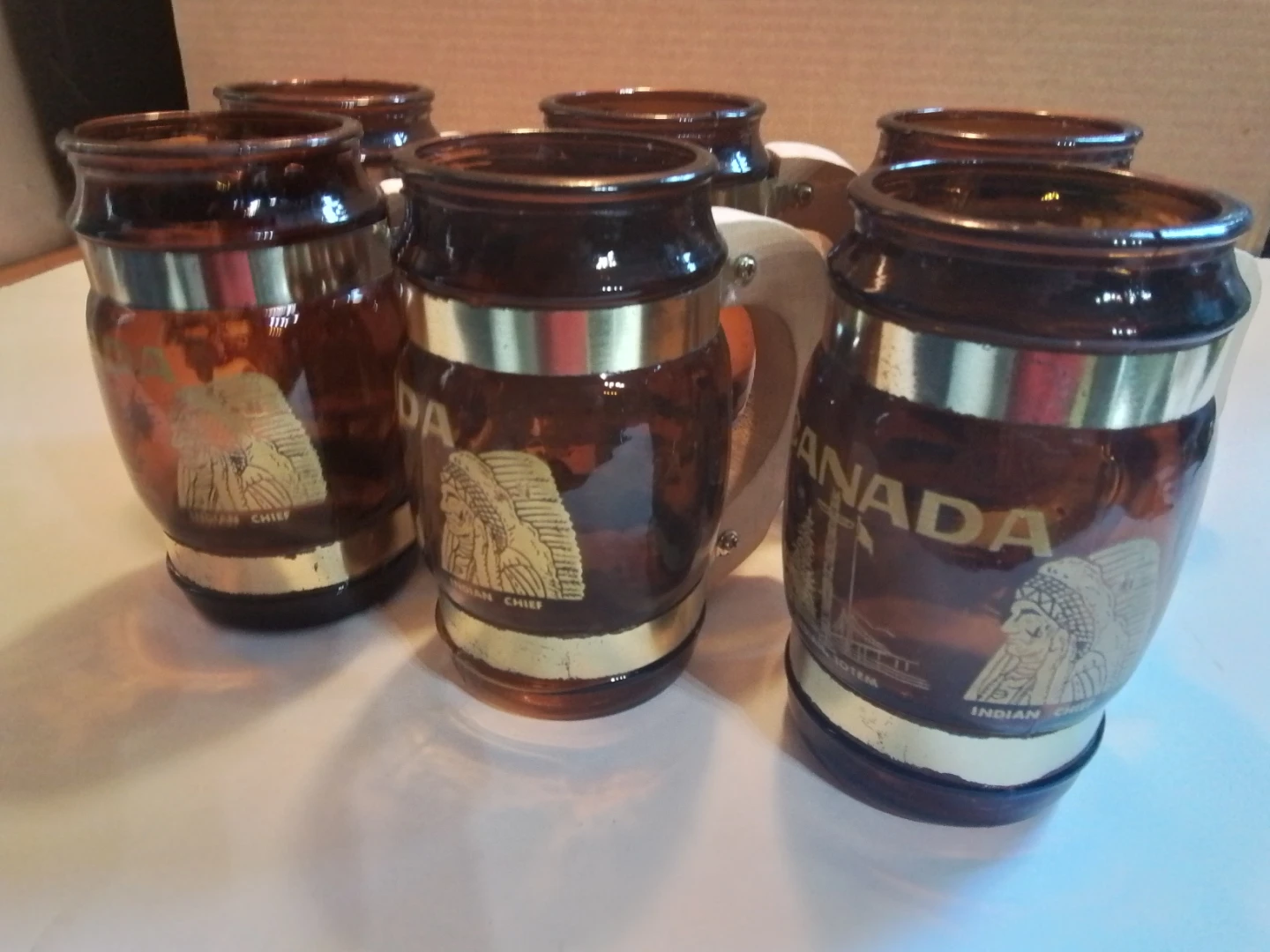Set of 6 Vintage Canada Themed Amber Glass Mugs