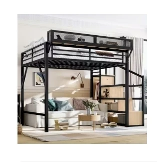 Black Metal Loft Bed w/Built-In Storage Stairs & Overhead Ledge