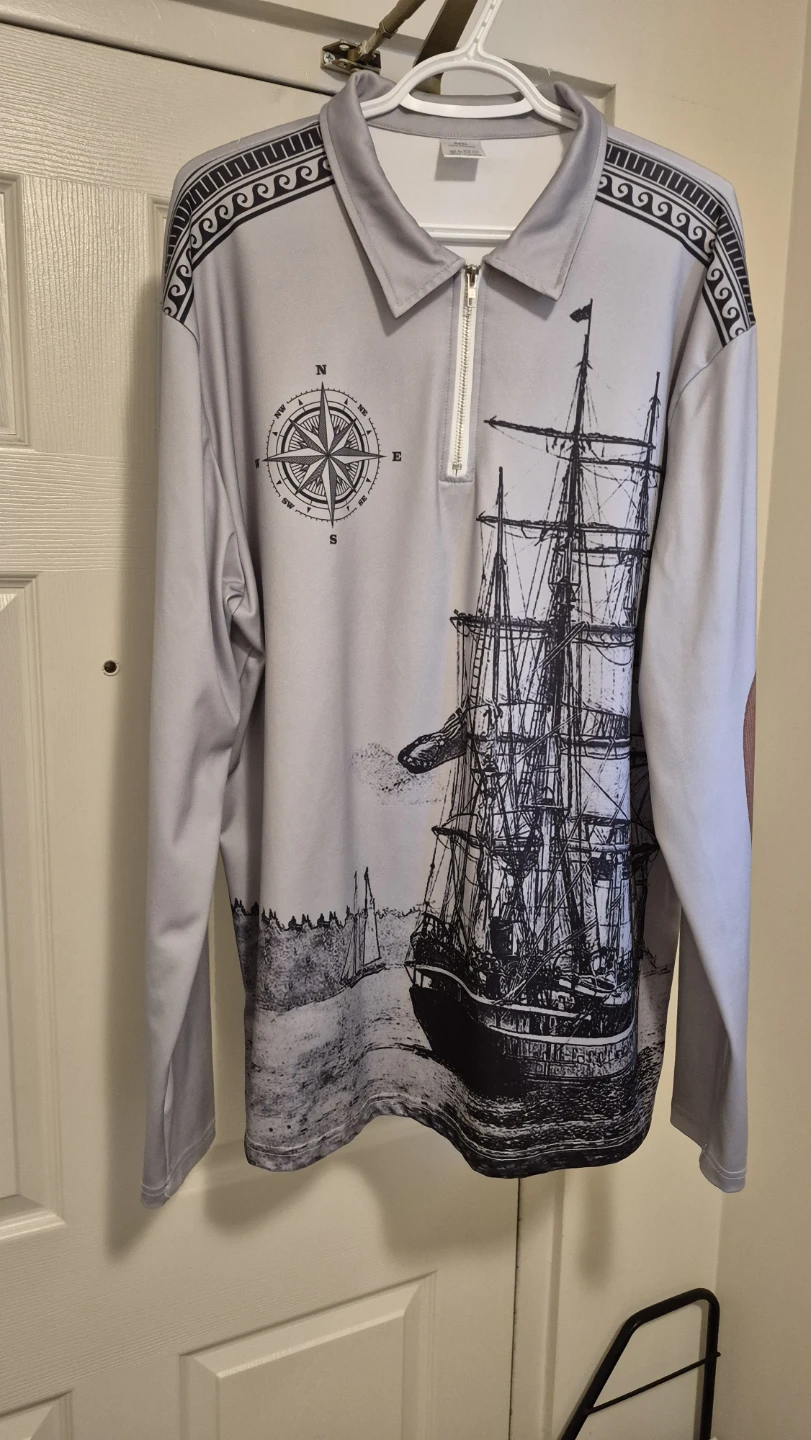 Grey Long Sleeve Polo Shirt with Ship Graphic