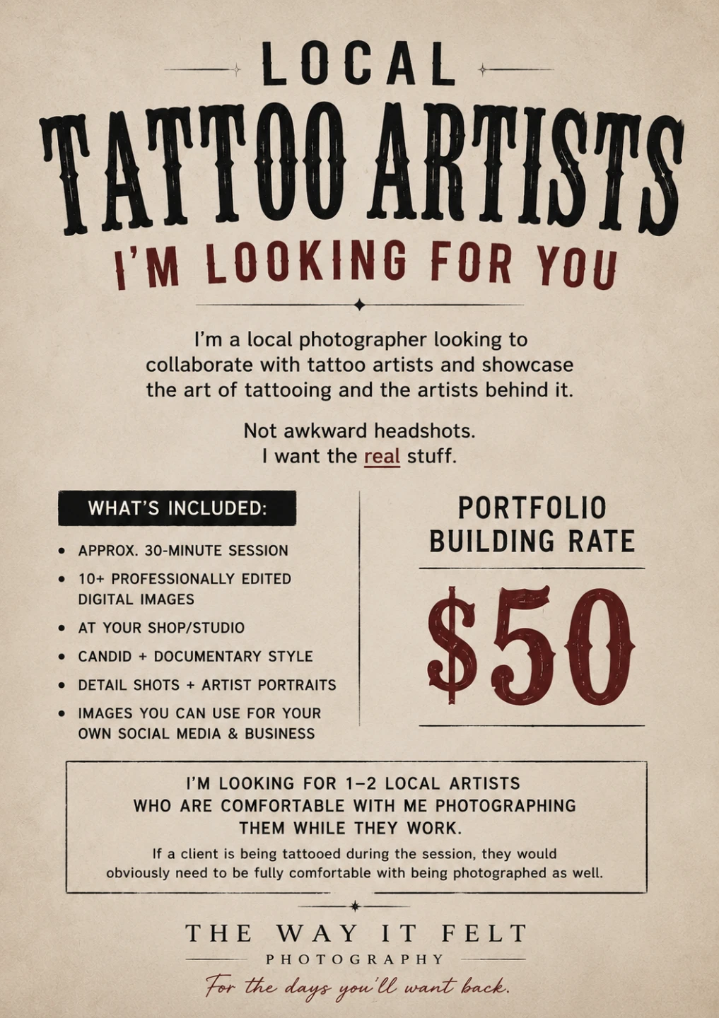 📸 LOCAL TATTOO ARTISTS — I’M LOOKING FOR YOU
