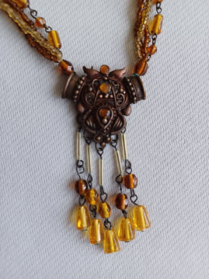 Beaded Necklace with Amber-Coloured Pendant