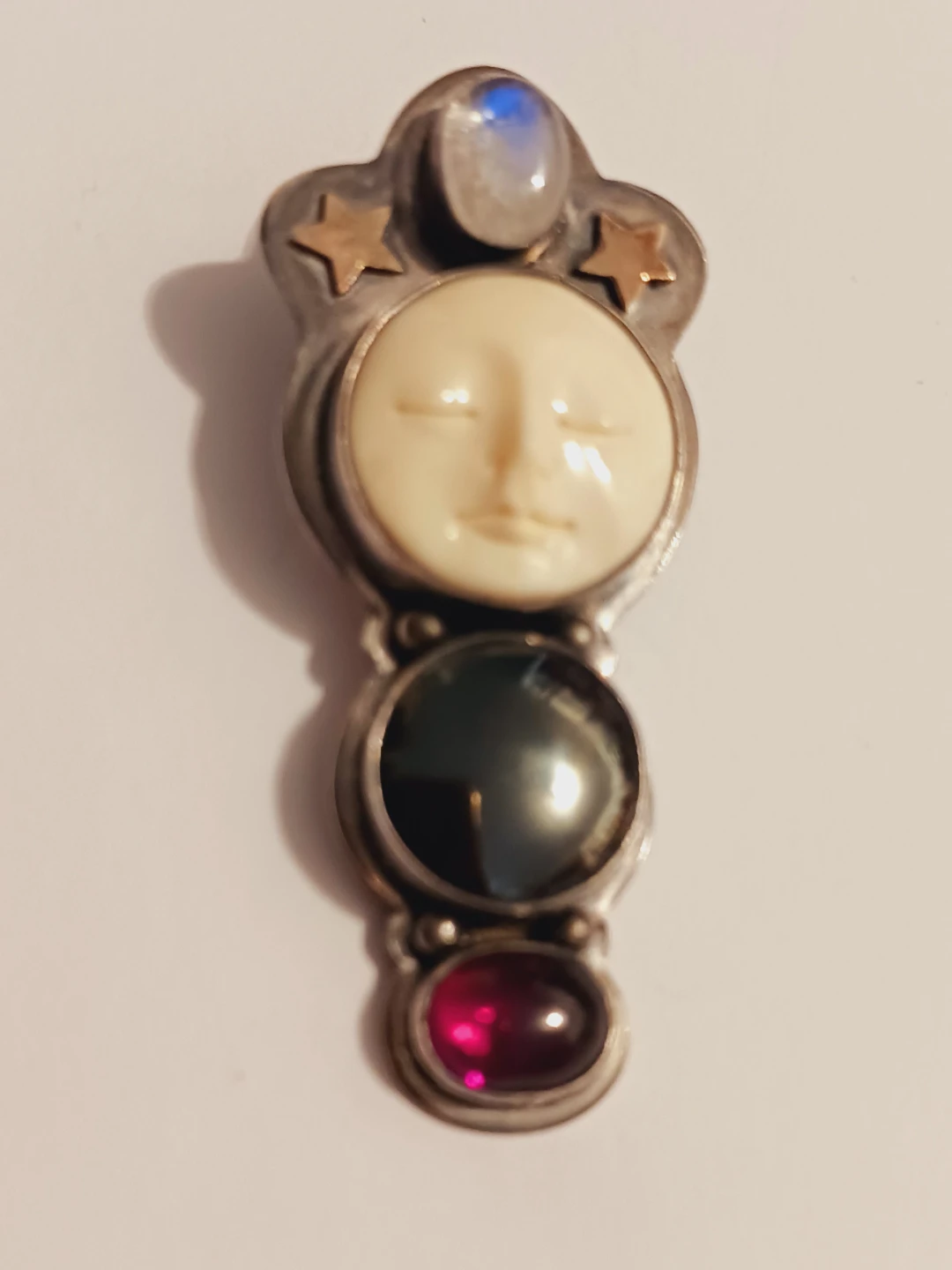 Sterling Silver Rainbow Moonstone Carved Bone Pendant - photo 2