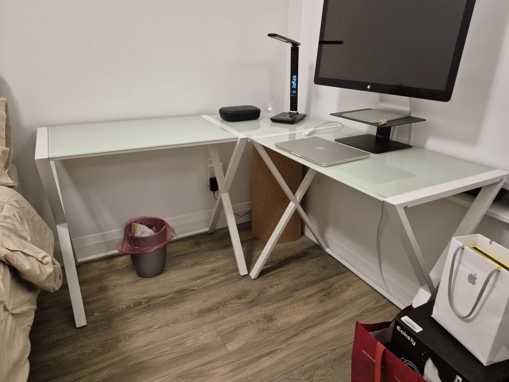 White and Glass L-Shaped Desk