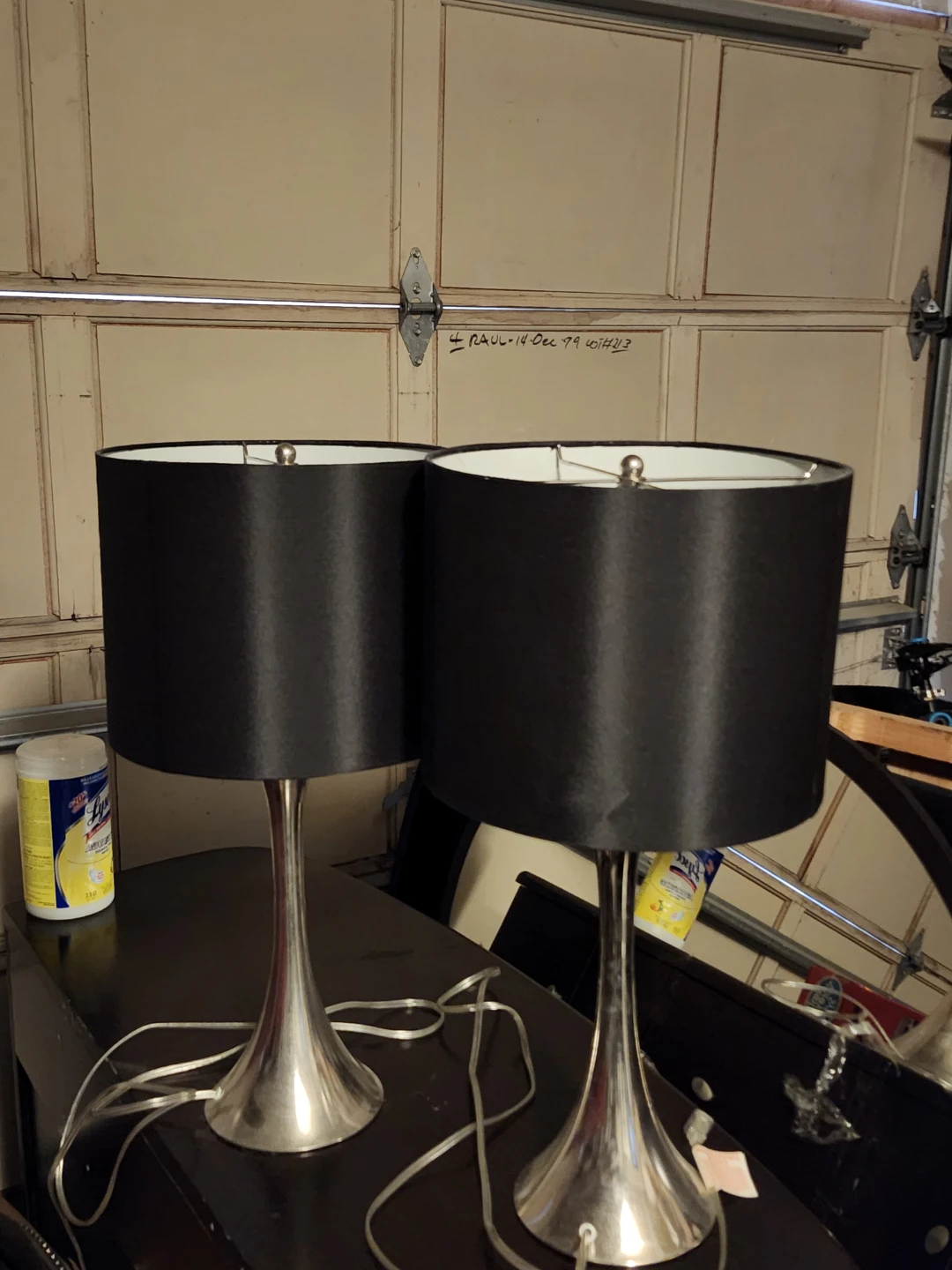 Pair of brushed nickel lamps with black shadesShade Table Lamps
