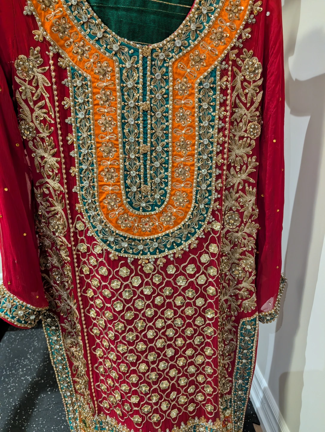 Embellished Kurti with gharara Pants & 2 Dupatta Set