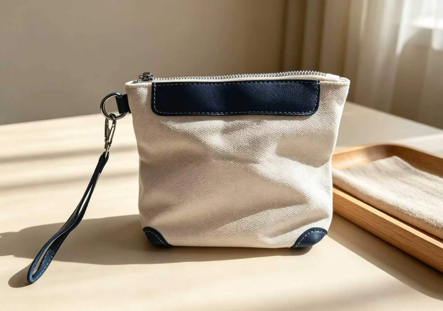 👜 Cream & Navy Canvas Wristlet Pouch —New