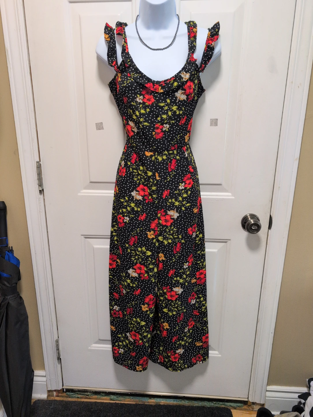 Black floral and polka dot jumpsuit