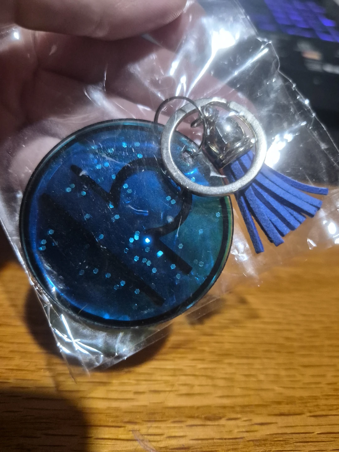 Round Blue Glitter Keychain with Tassel