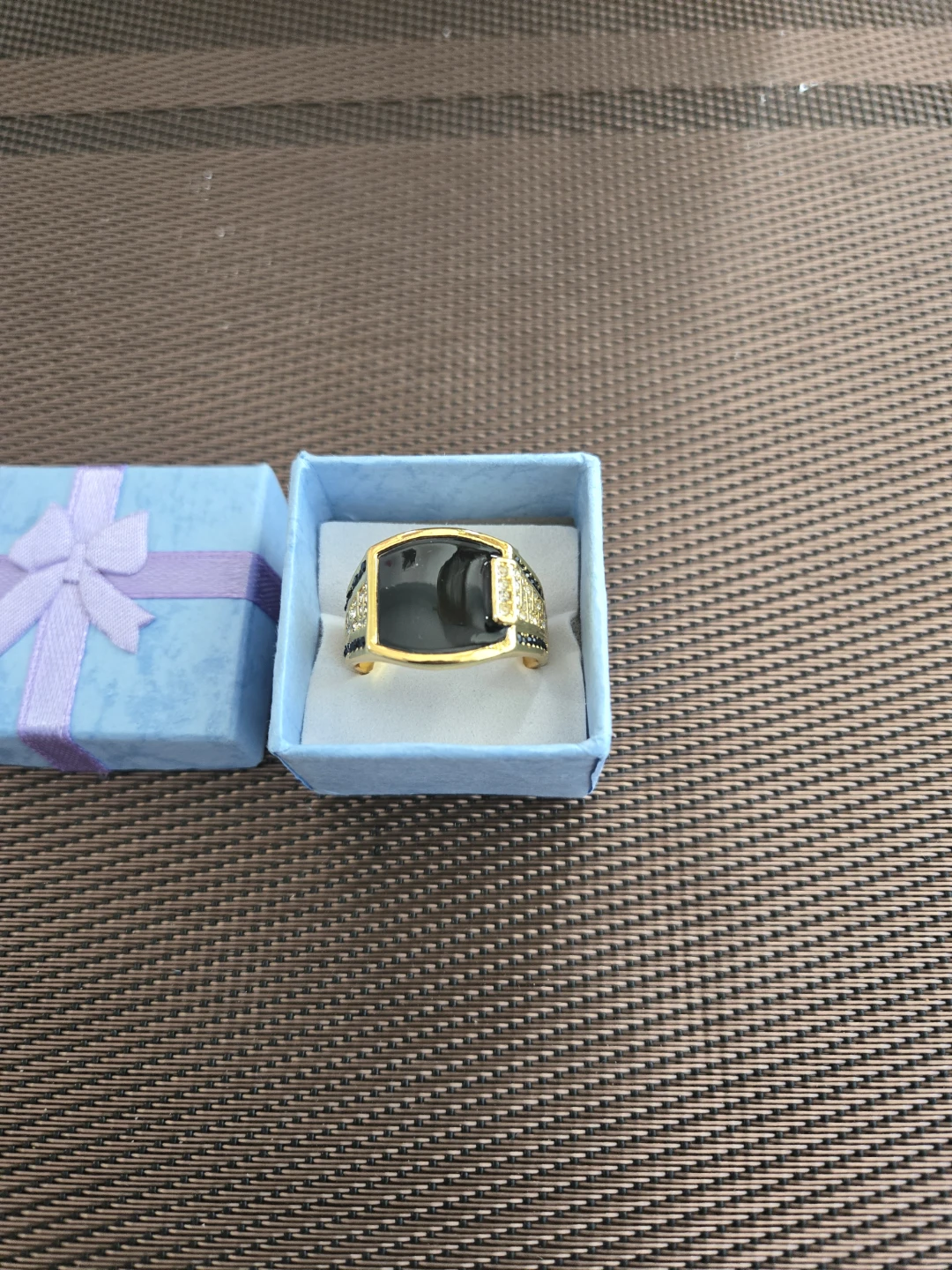 Men's Gold Tone Ring with Black Stone
