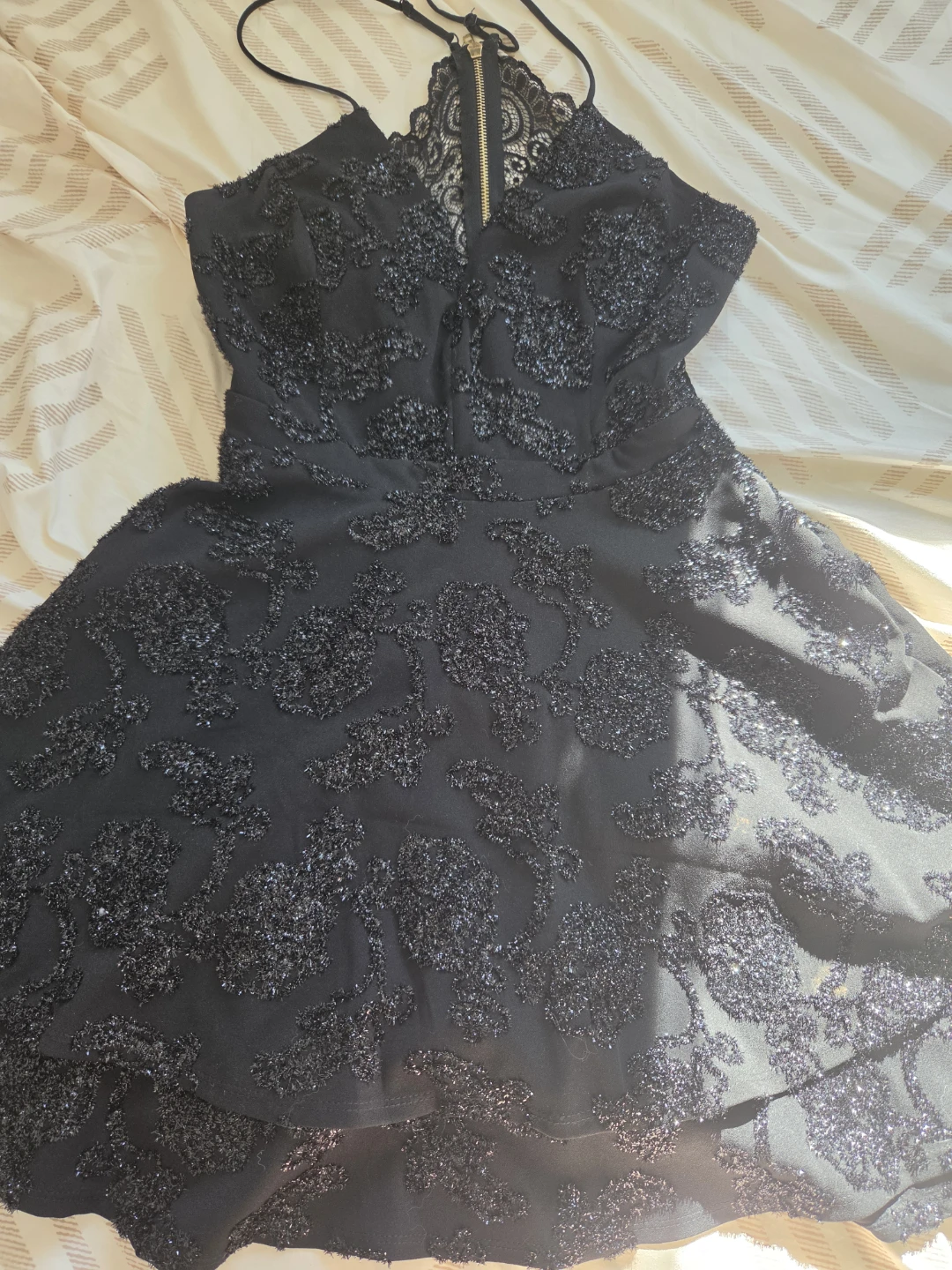Black Embellished Lace Trim Dress with Zipper