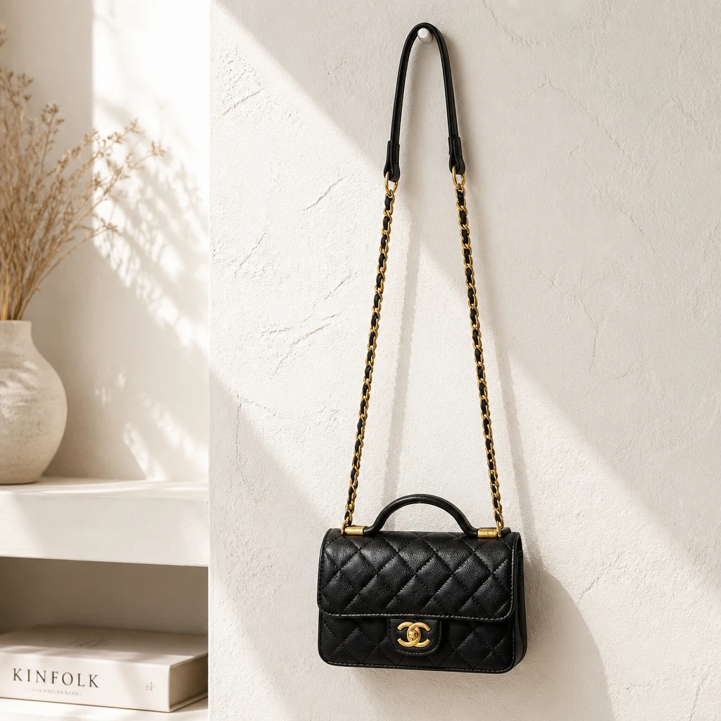 Black Quilted Handbag with Gold Chain Strap