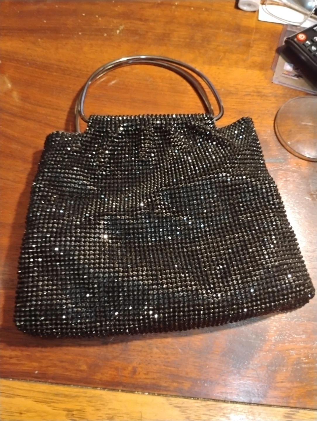 Black Beaded Evening Bag with Silver Handles