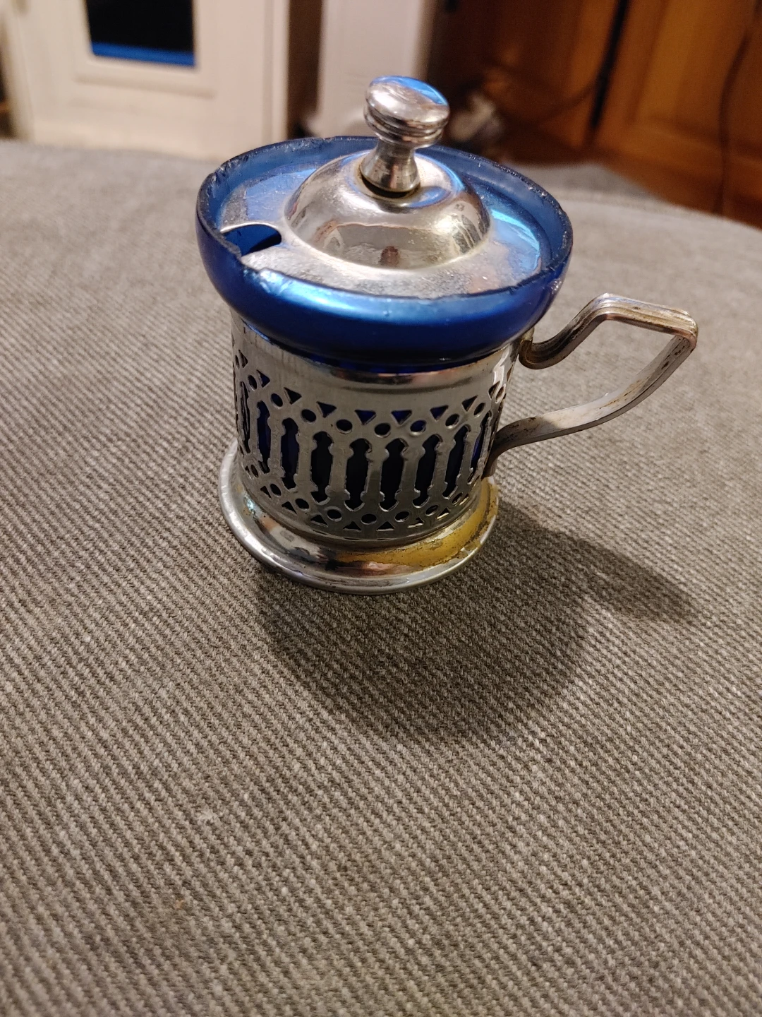 Vintage Blue Glass and Metal Mustard Holder Japan - photo 3
