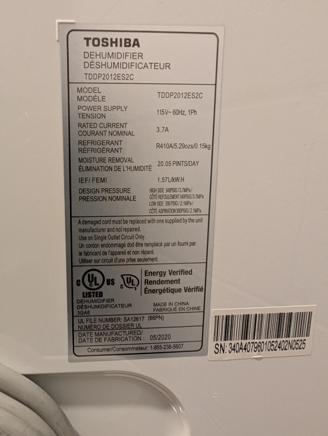 Toshiba Dehumidifier TDDP2012ES2C - photo 4