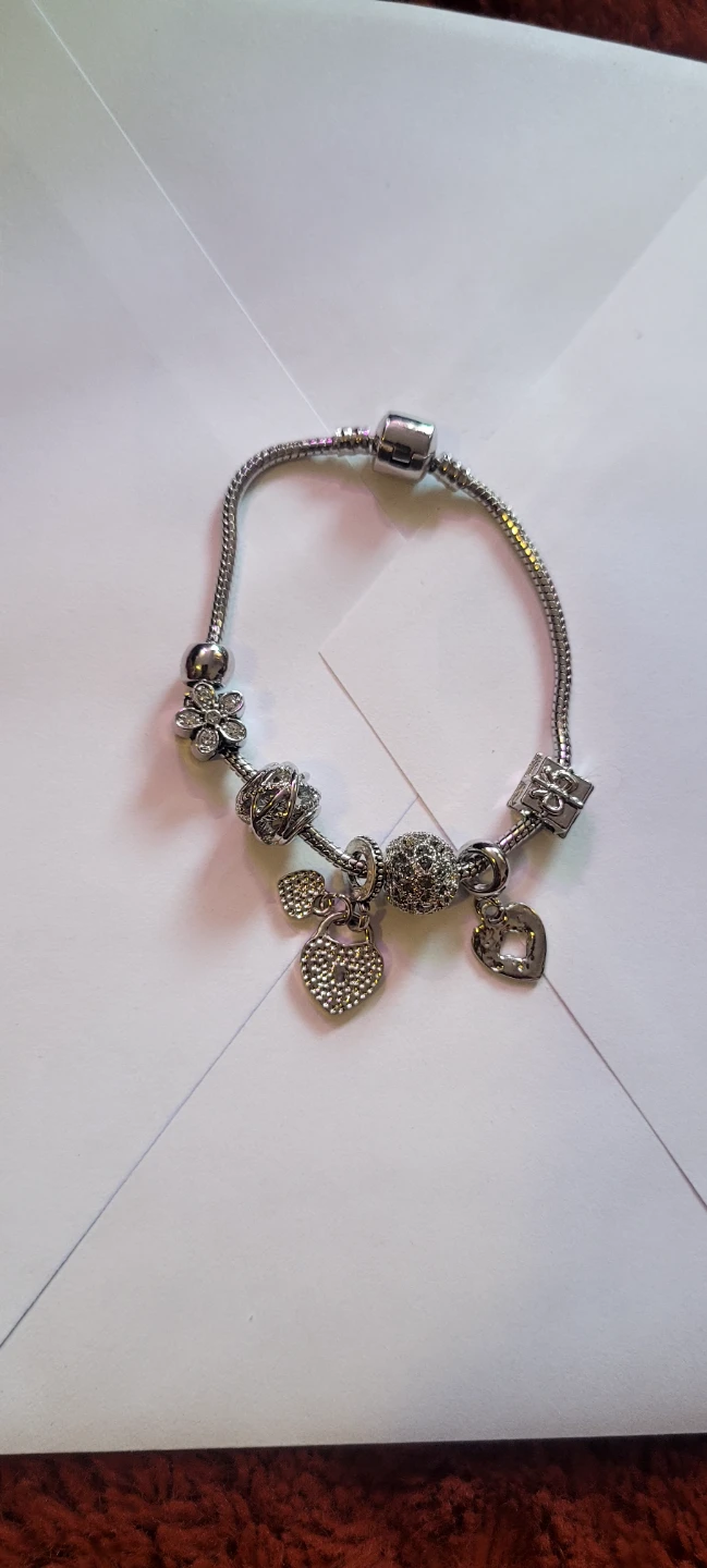 Silver Charm Bracelet with Heart and Flower