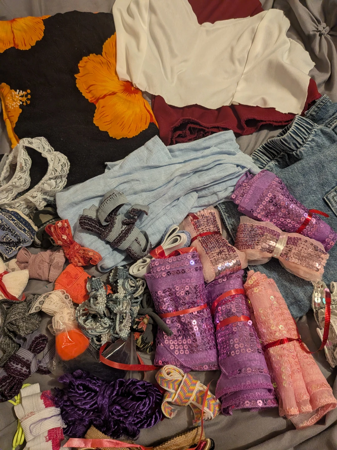 Assorted vintage salvaged crafting trims, lace, fabric