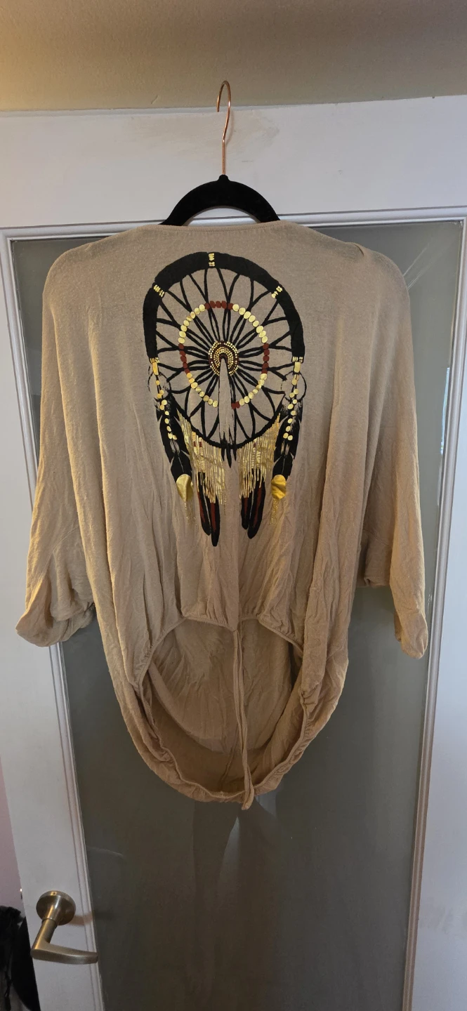 Tan Kimono Style Top with Dreamcatcher Graphic