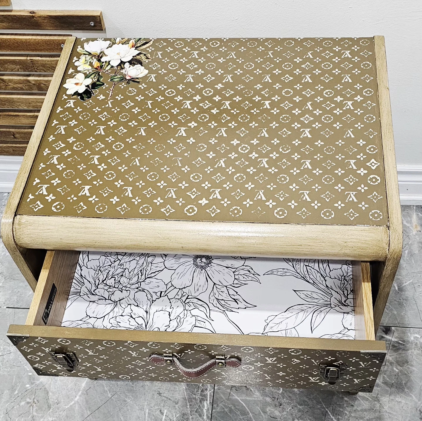 Upcycled Luggage Style Vintage Waterfall Nightstand - photo 5