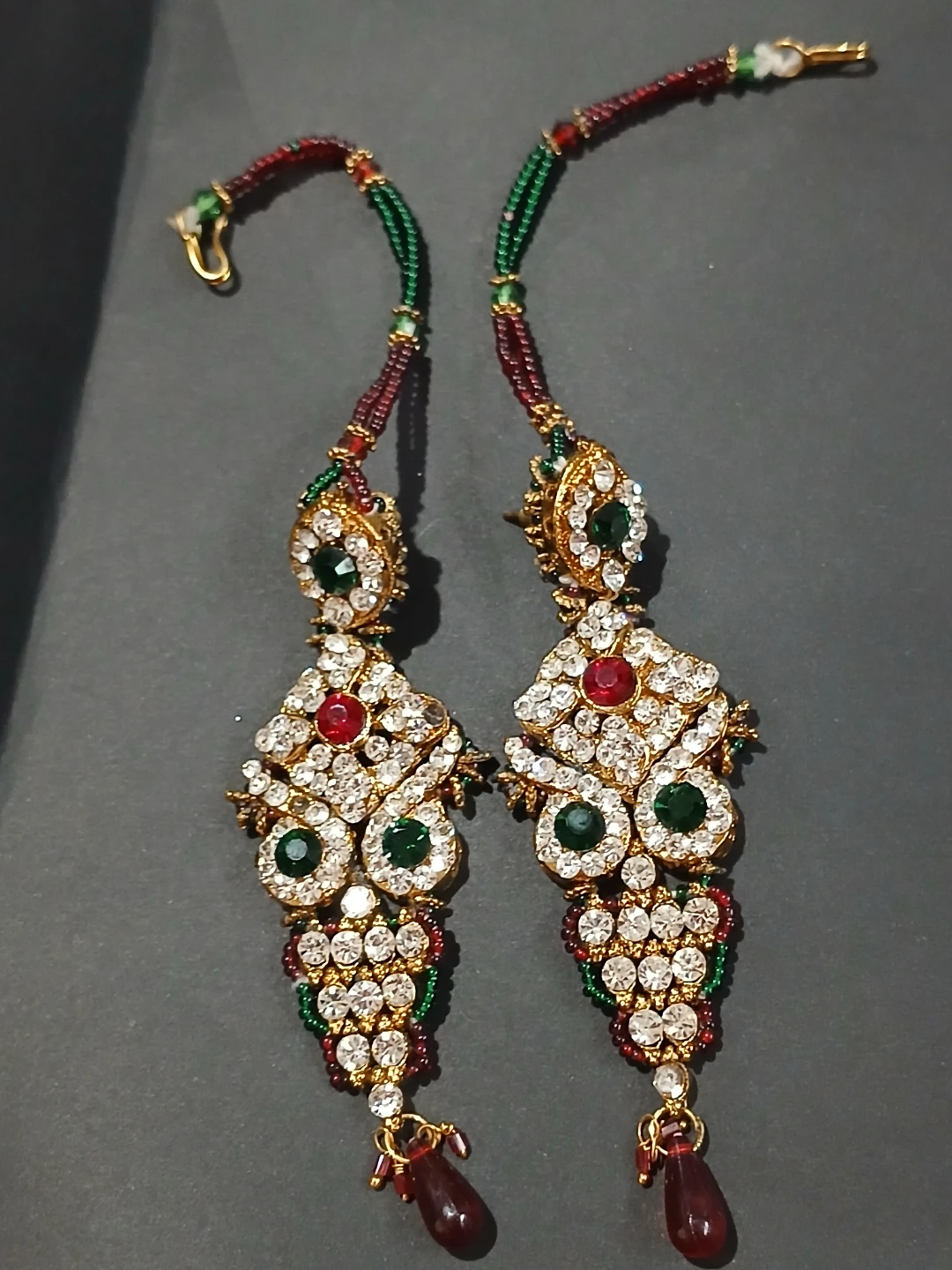 Gold-toned Dangle Earrings with Red, Green, and Clear Stones
