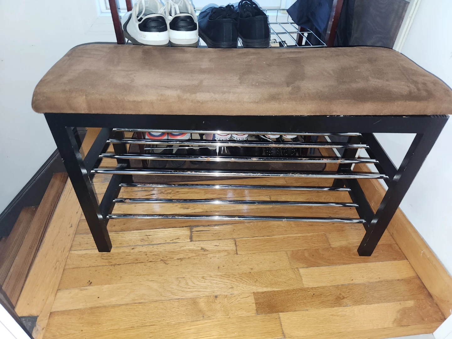Brown Padded Bench Shoe Rack