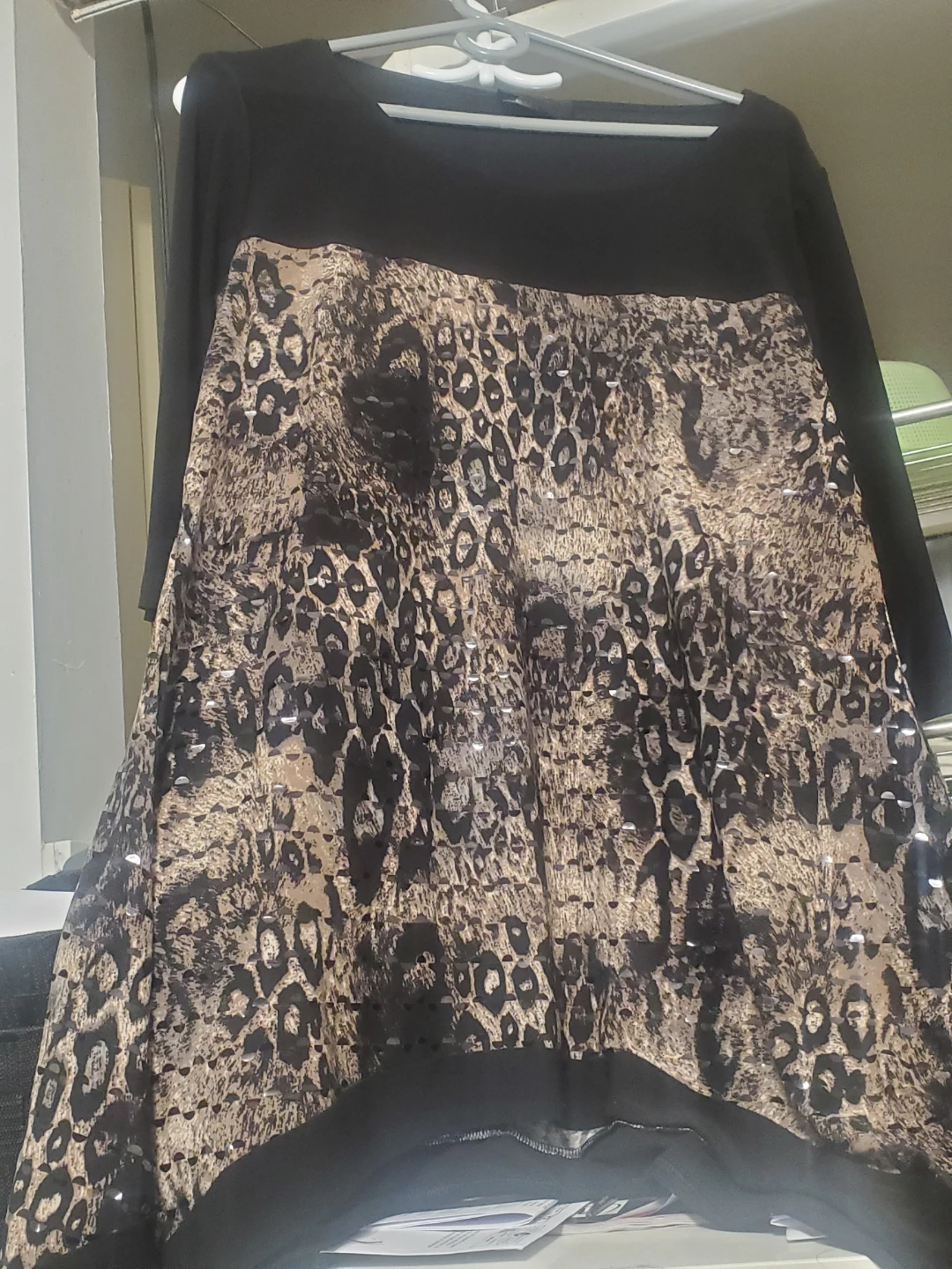 Black and Leopard Print Tunic Top with Sequins
