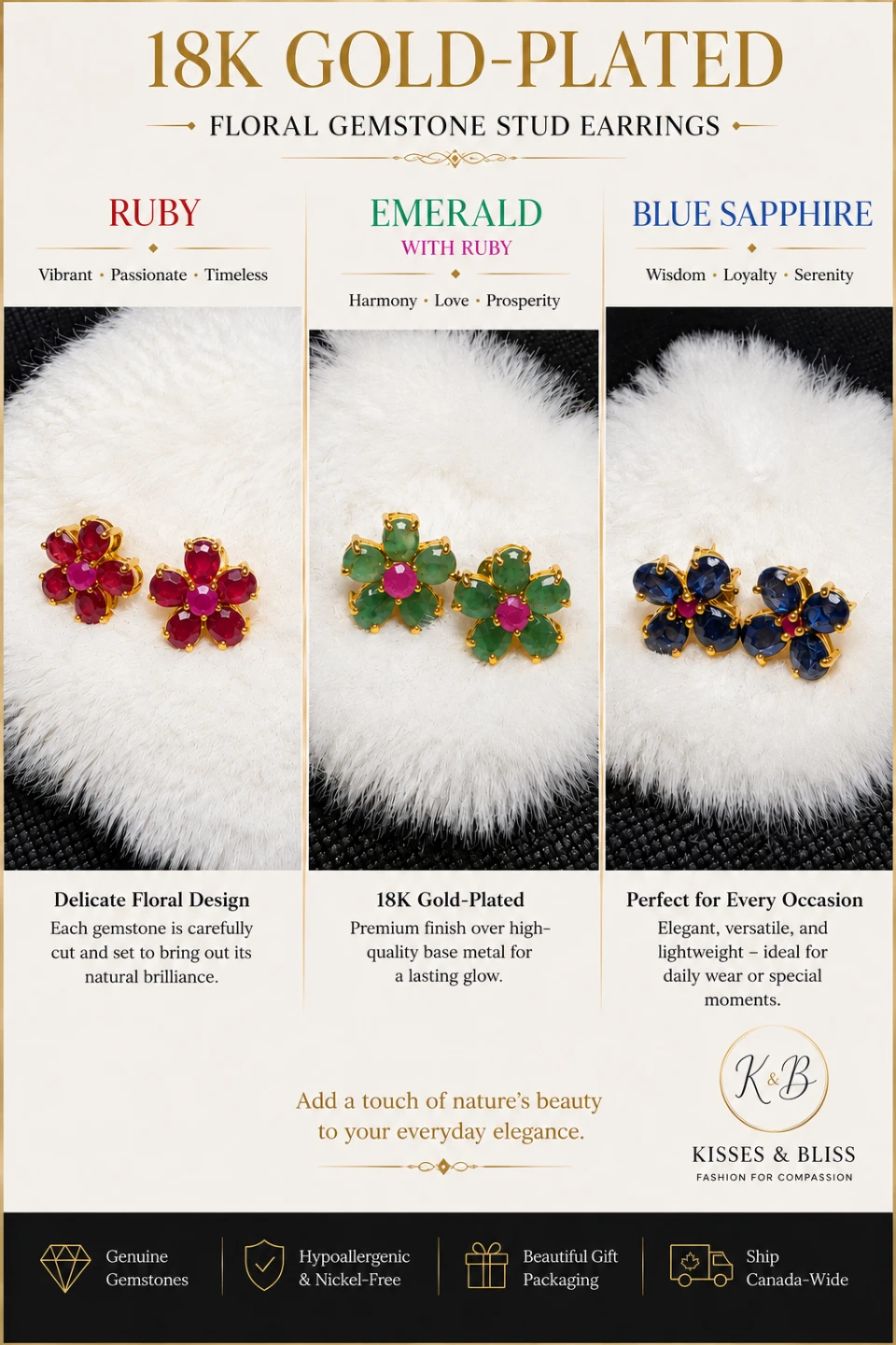 18K Gold-Plated Emerald & Ruby Flower Stud Earrings
