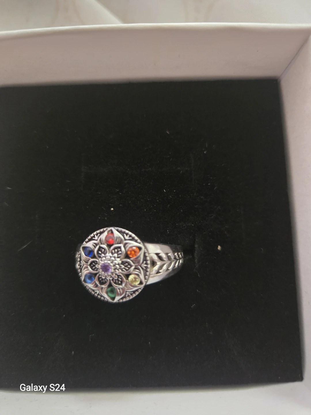 Stainless steel Chakra ring with rainbow crystal stones