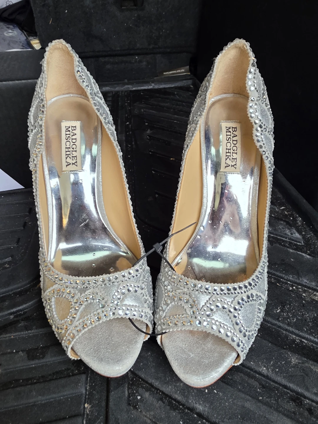 Badgley Mischka Silver Embellished Peep-Toe Heels