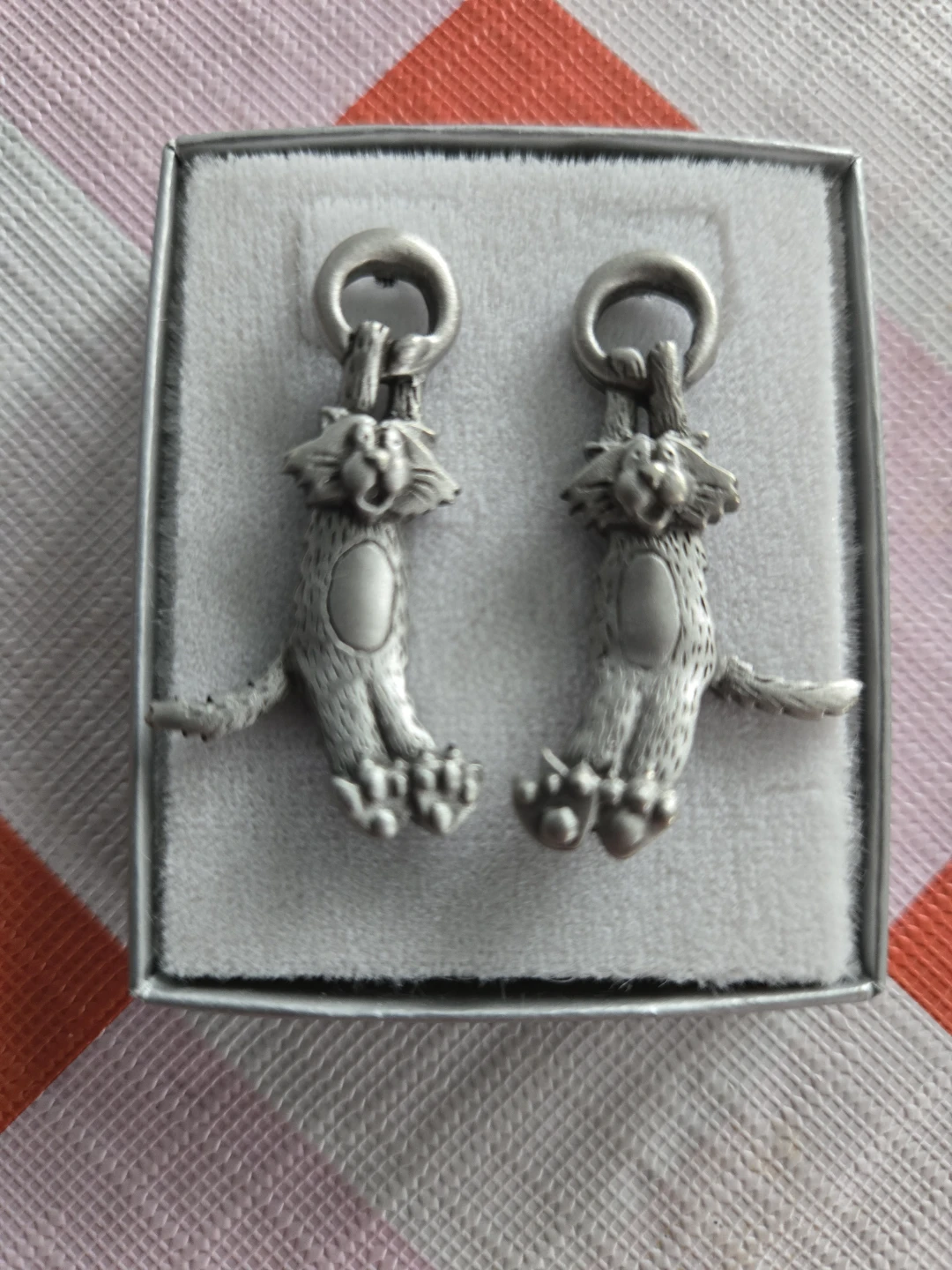 VINTAGE * PEWTER * HANG IN THERE BABY EARRINGS * Signed JJ