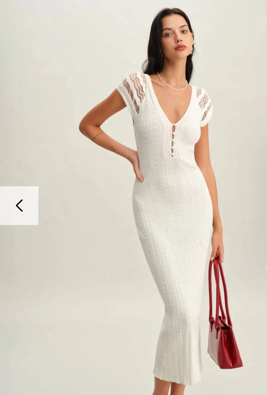 White V-Neck Knit Midi Dress