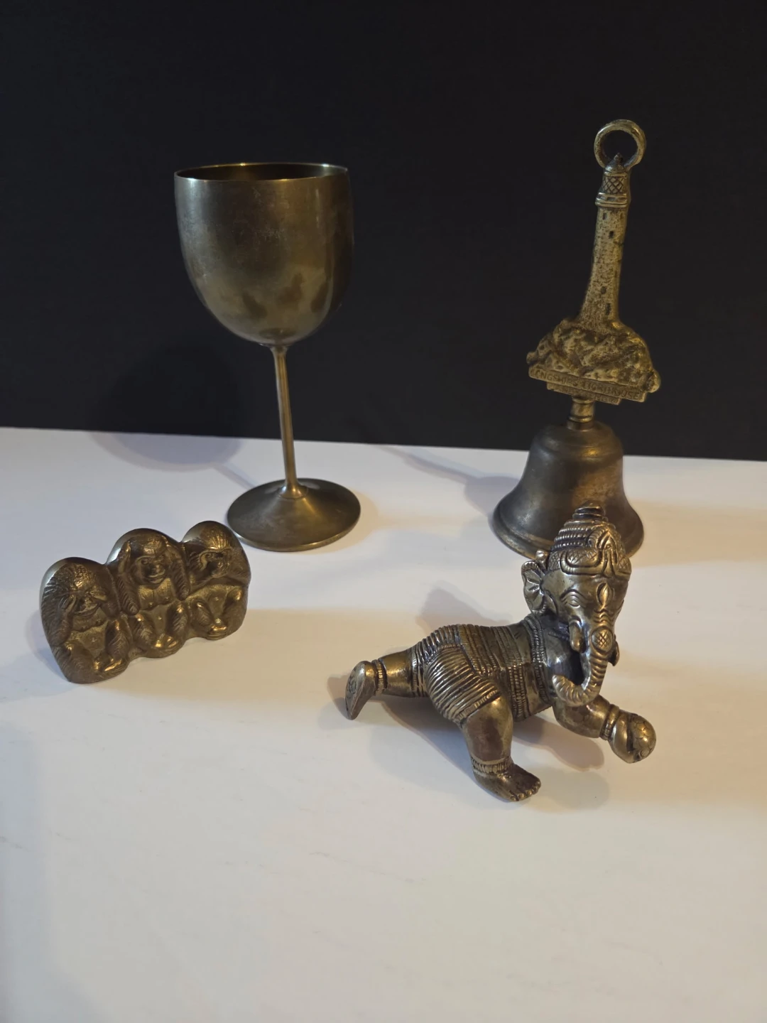 Brass Ganesha, Three Wise Monkeys, Goblet and Bell - photo 3