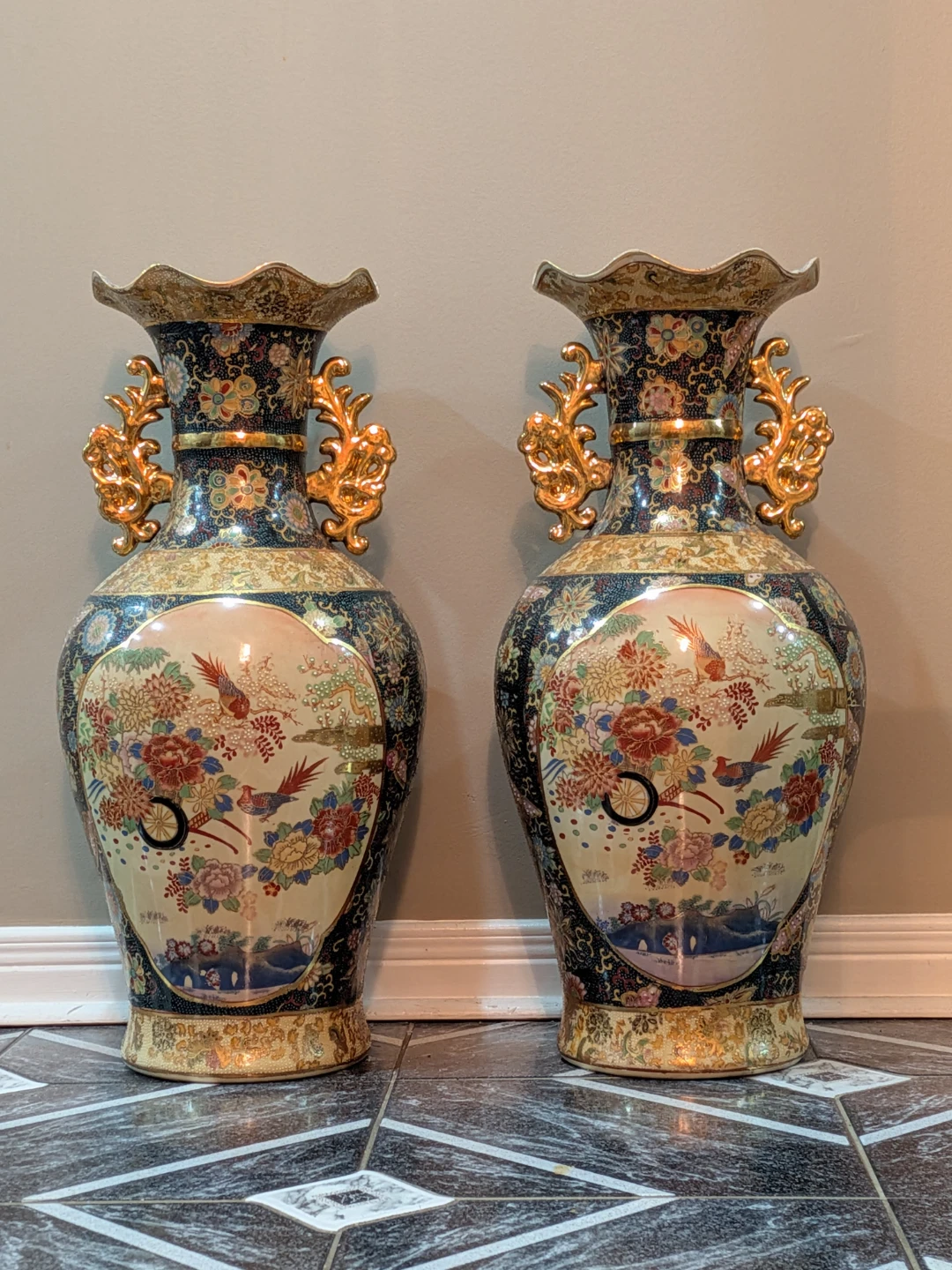 Pair of Large Vintage Satsuma-Style Ceramic Floor Vases - photo 2