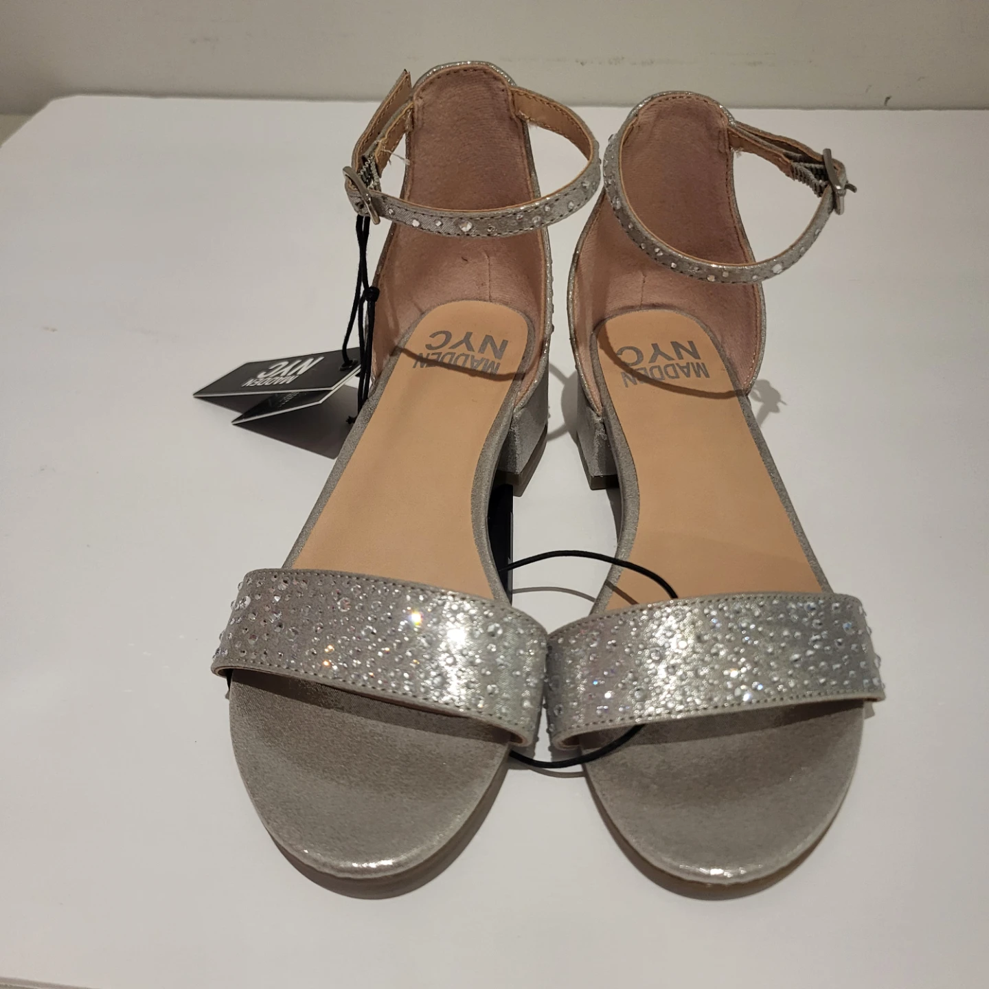 Madden NYC Silver Glitter Ankle Strap Heels