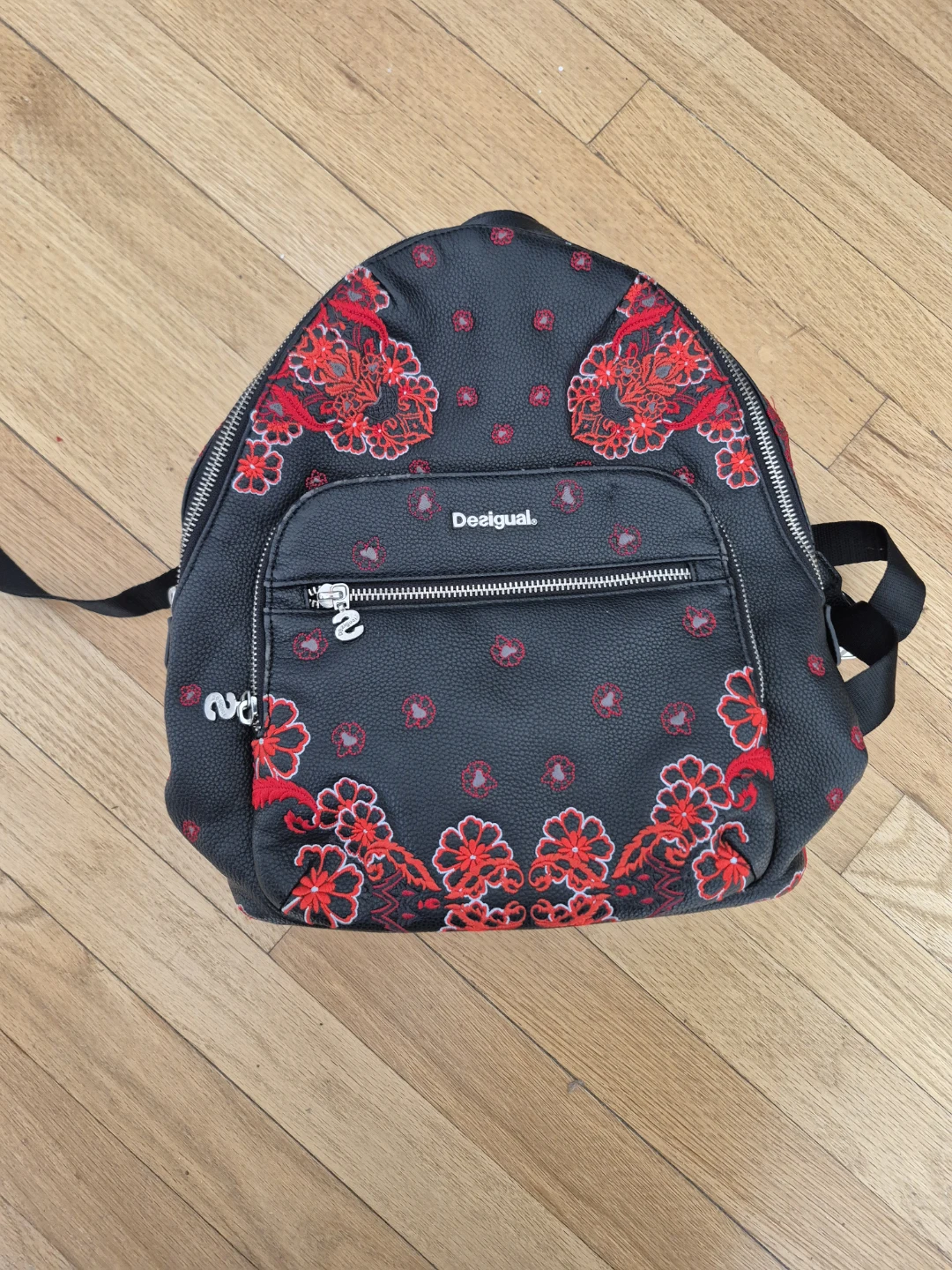 Desigual Black Backpack with Red Floral Embroidery