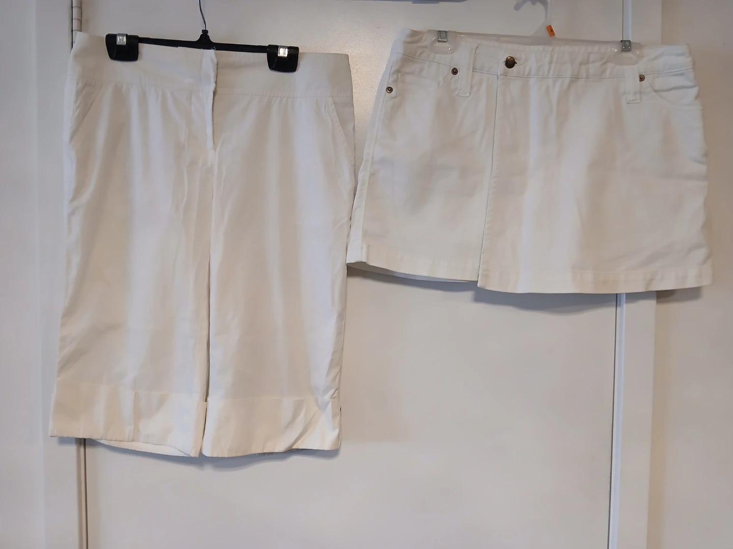 Bebe White Capri Size 4 and White Denim Skort Size 10. $6 EACH.