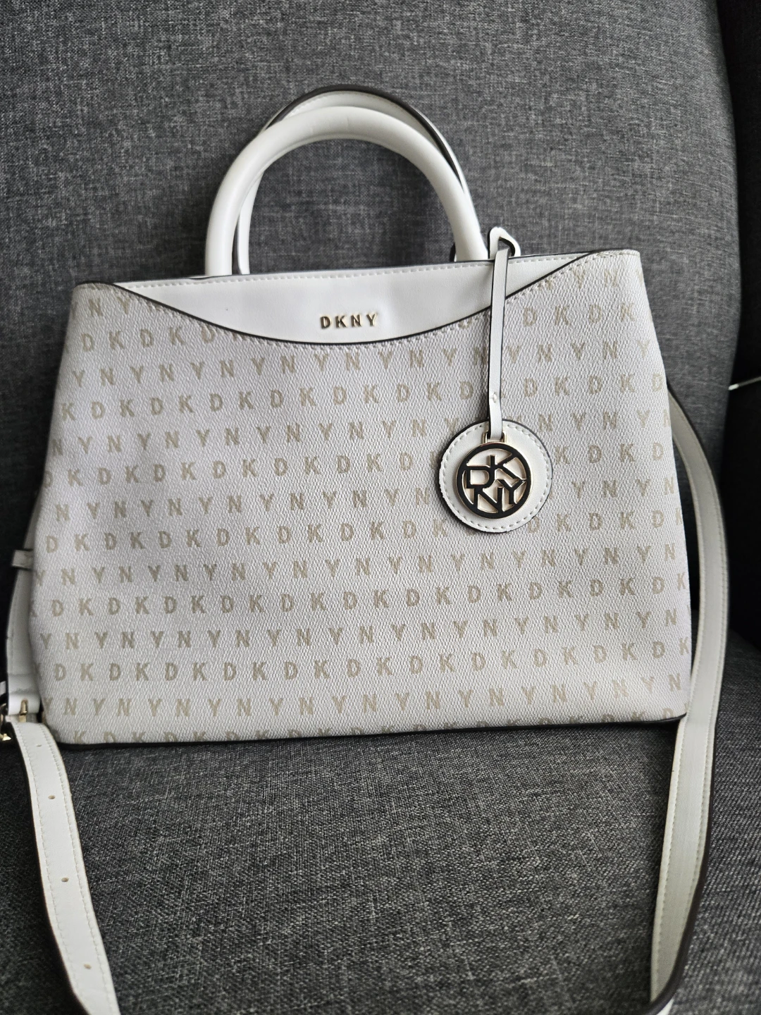 DKNY White & Tan Monogram Satchel Handbag