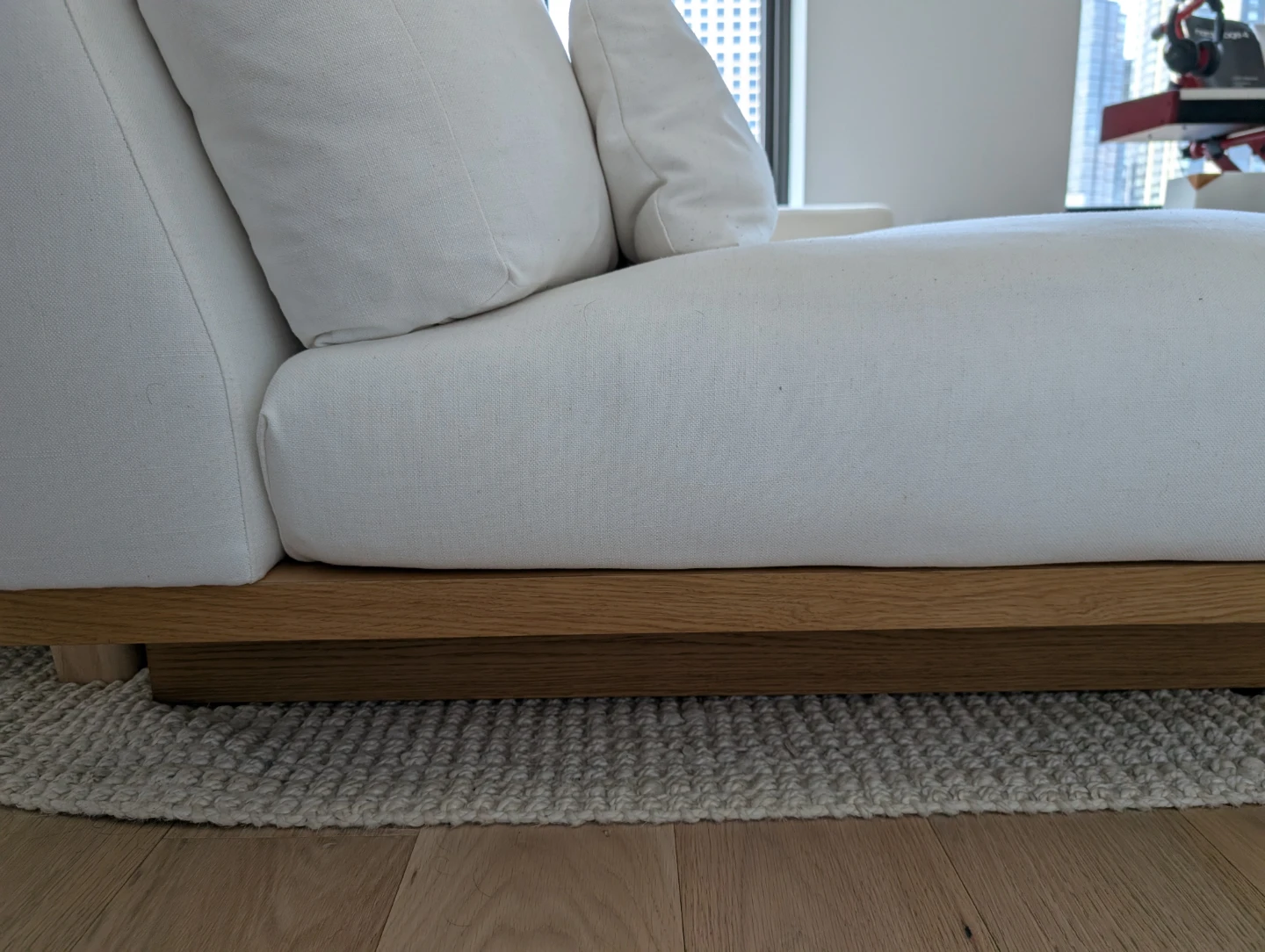 White Fabric Sofa with Wood Base - photo 3