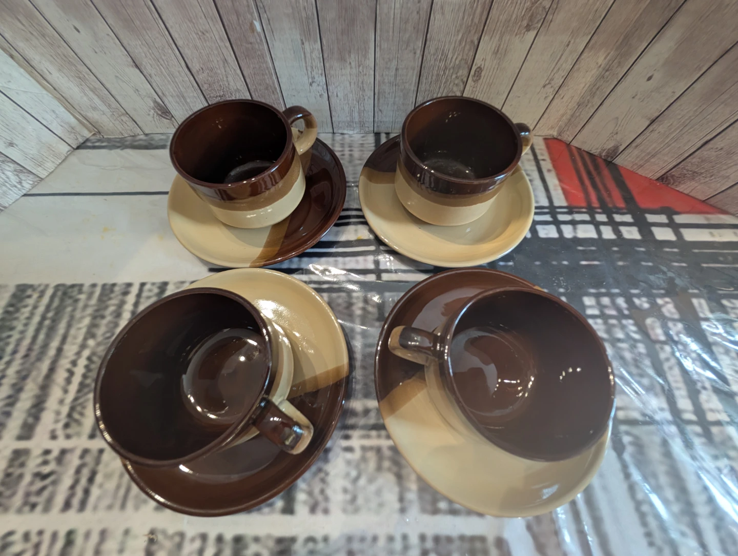 Vintage 1970s Earth-Tone Stoneware Cup & Saucer Sets (Set of 4)