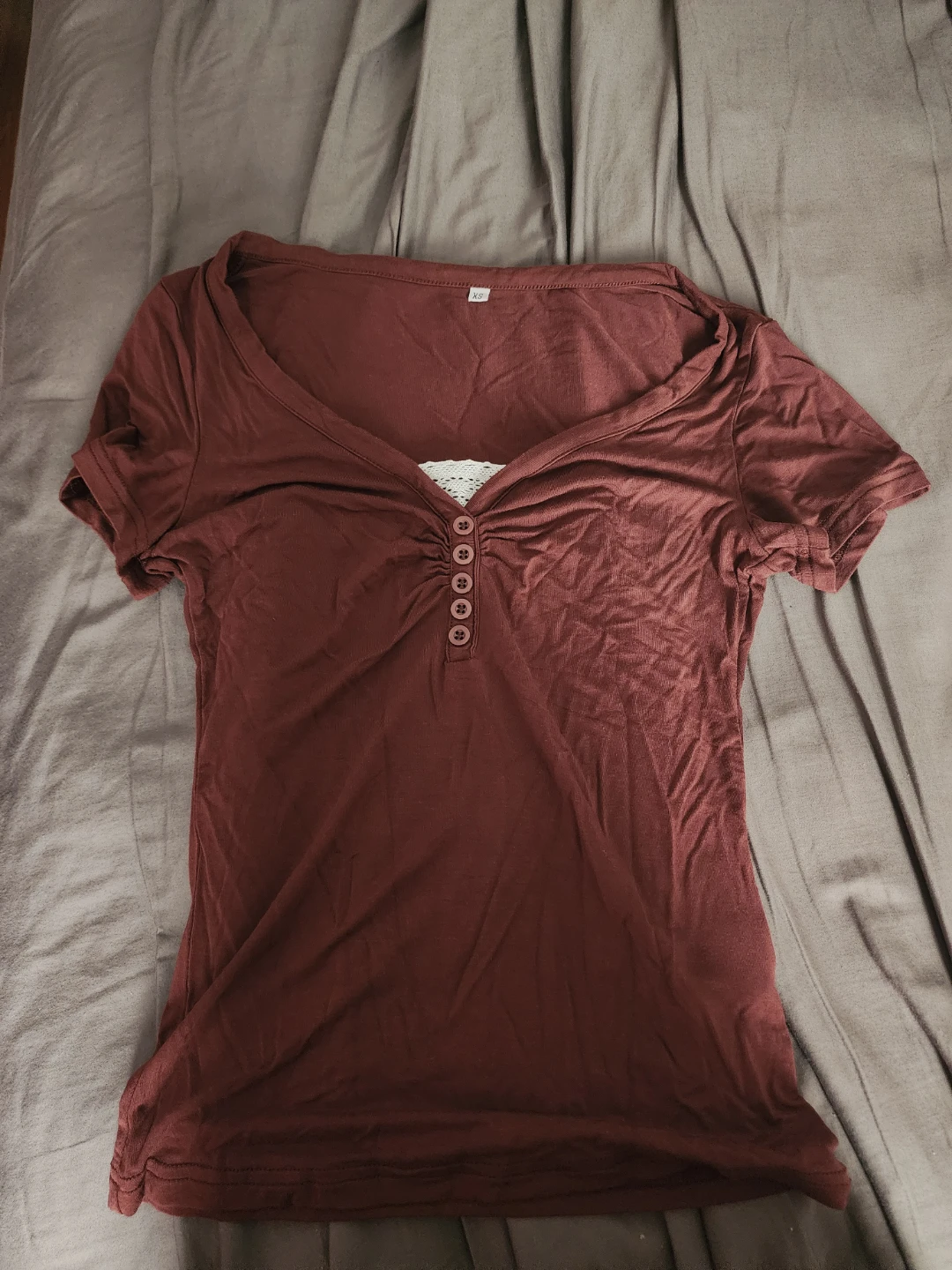 Maroon V-Neck Henley Shirt with Lace Trim - XS SHEIN