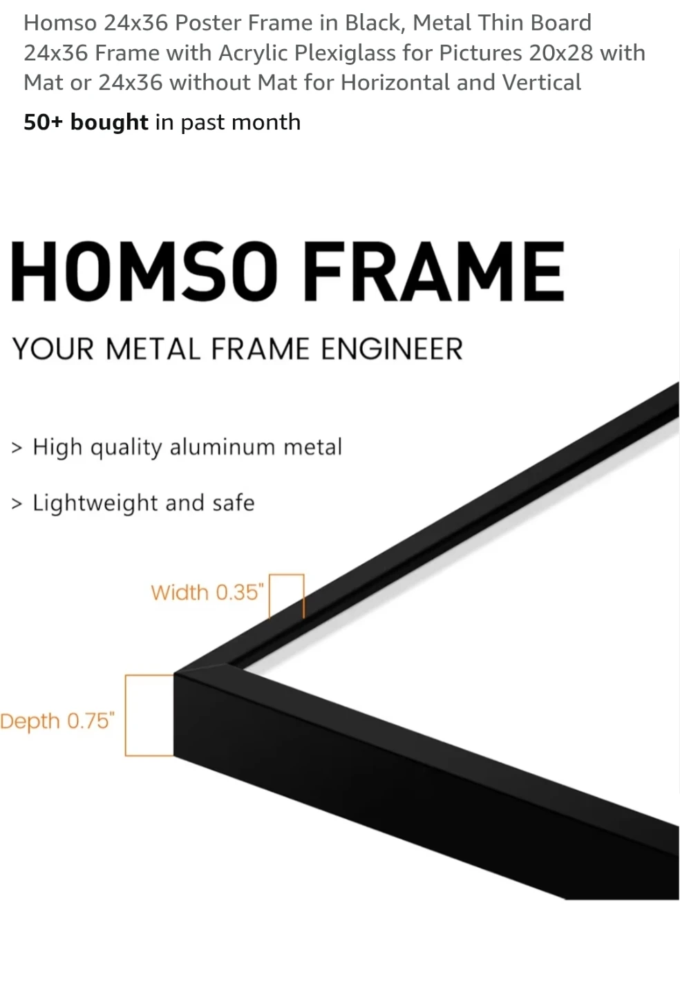 HOMSO 24x36 Picture Frame - Black Aluminum Metal - photo 4