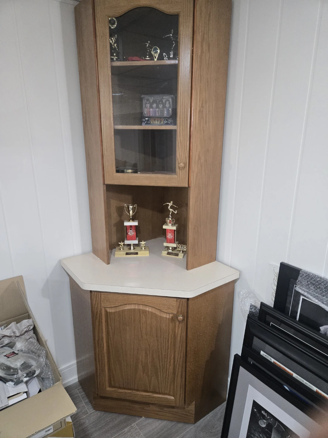 Custom Wooden Corner Cabinet with Glass Door..Two pieces.