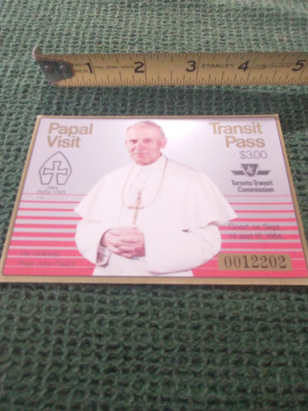 Nice 1984 TTC Papal Visit Transit Pass