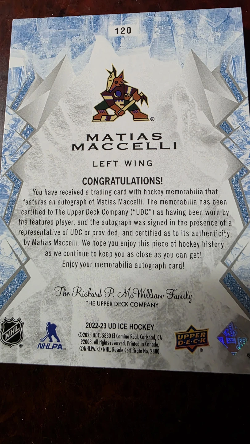 Matias Maccelli Autographed Rookie Card - UD Ice Hockey - photo 2