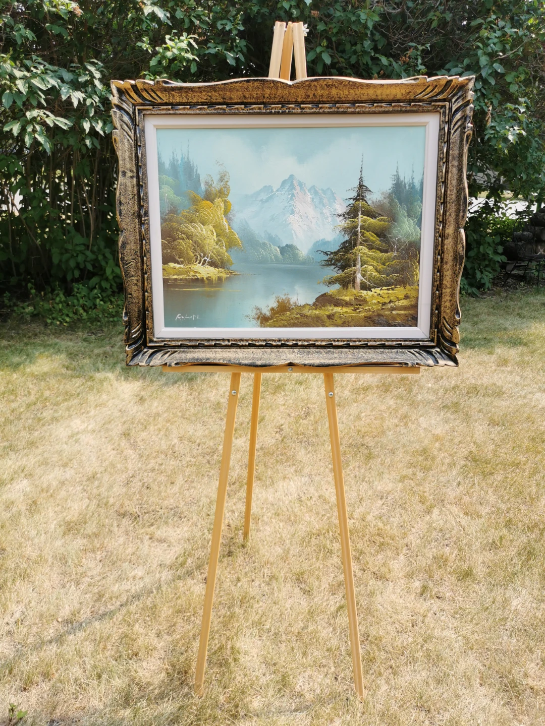 Vintage Signed Mountain Lake Oil Painting – Ornate Frame - photo 5