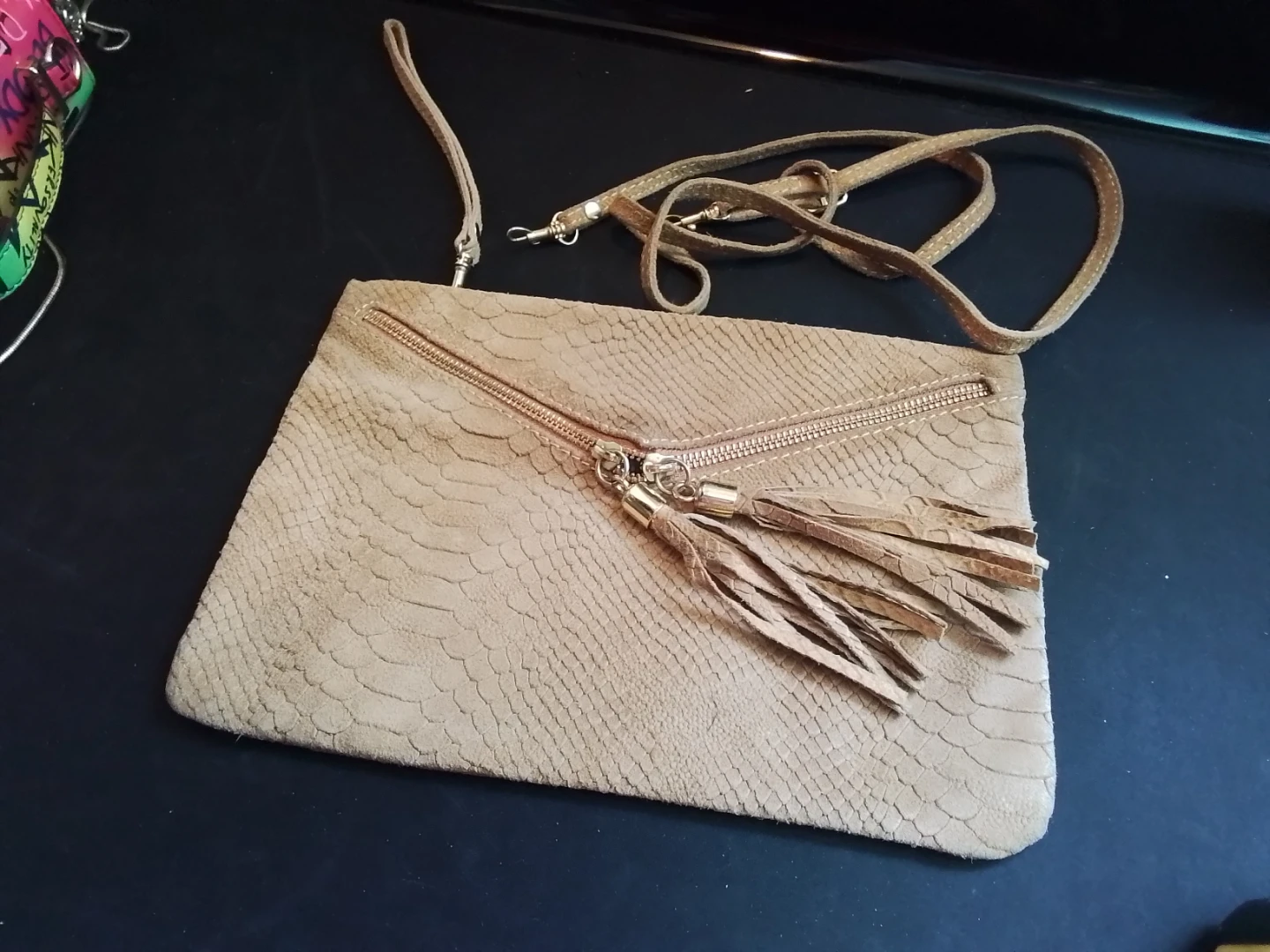 Tan Leather Clutch Purse with Tassels Italy
